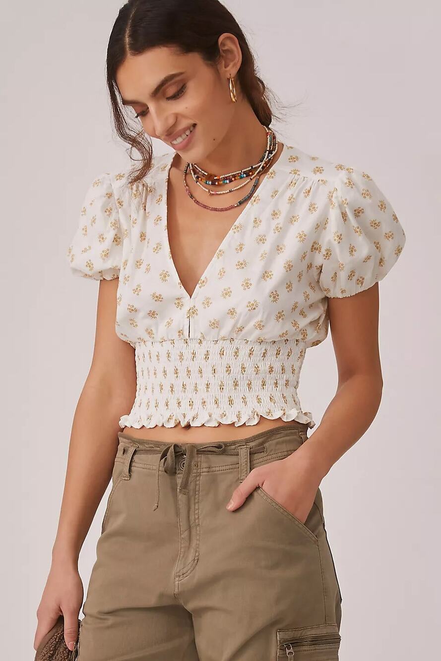 FAITHFULL THE BRAND Alba Top V-Neck Smocked Blouse Cairo Floral 8 Large L